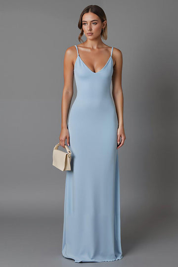 Robe de soirée longue en mousseline de soie à bretelles spaghetti bleu ciel